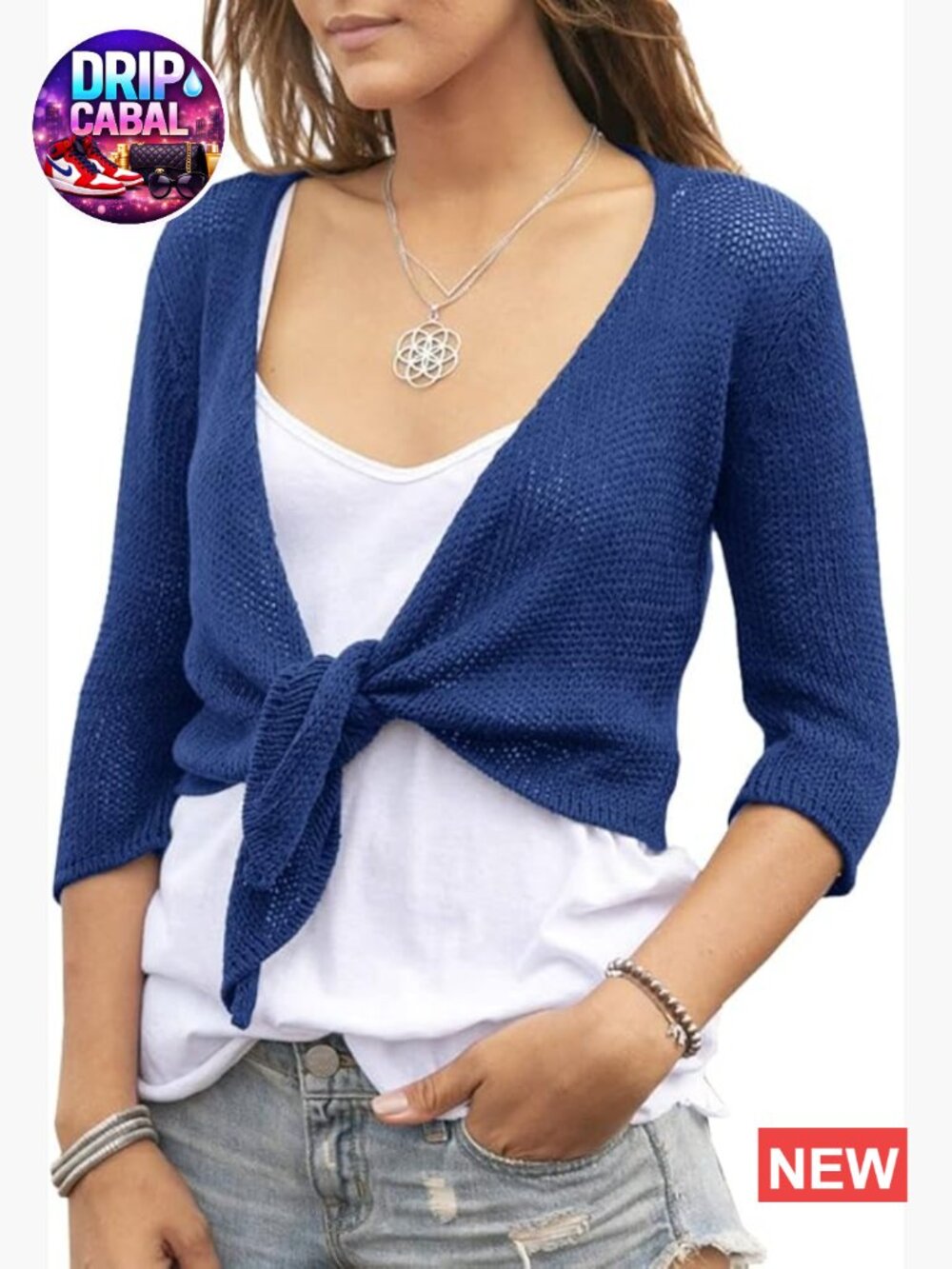 Tie Front Shrug 3/4 Sleeve Bolero Sheer Knotted Lightweight Cardigan Short